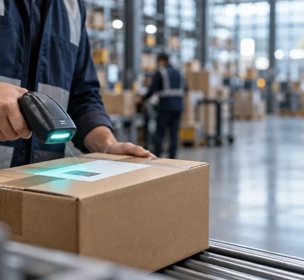 Paket mit Versandlabel wird im Lager vor der Carrier-Übergabe gescannt