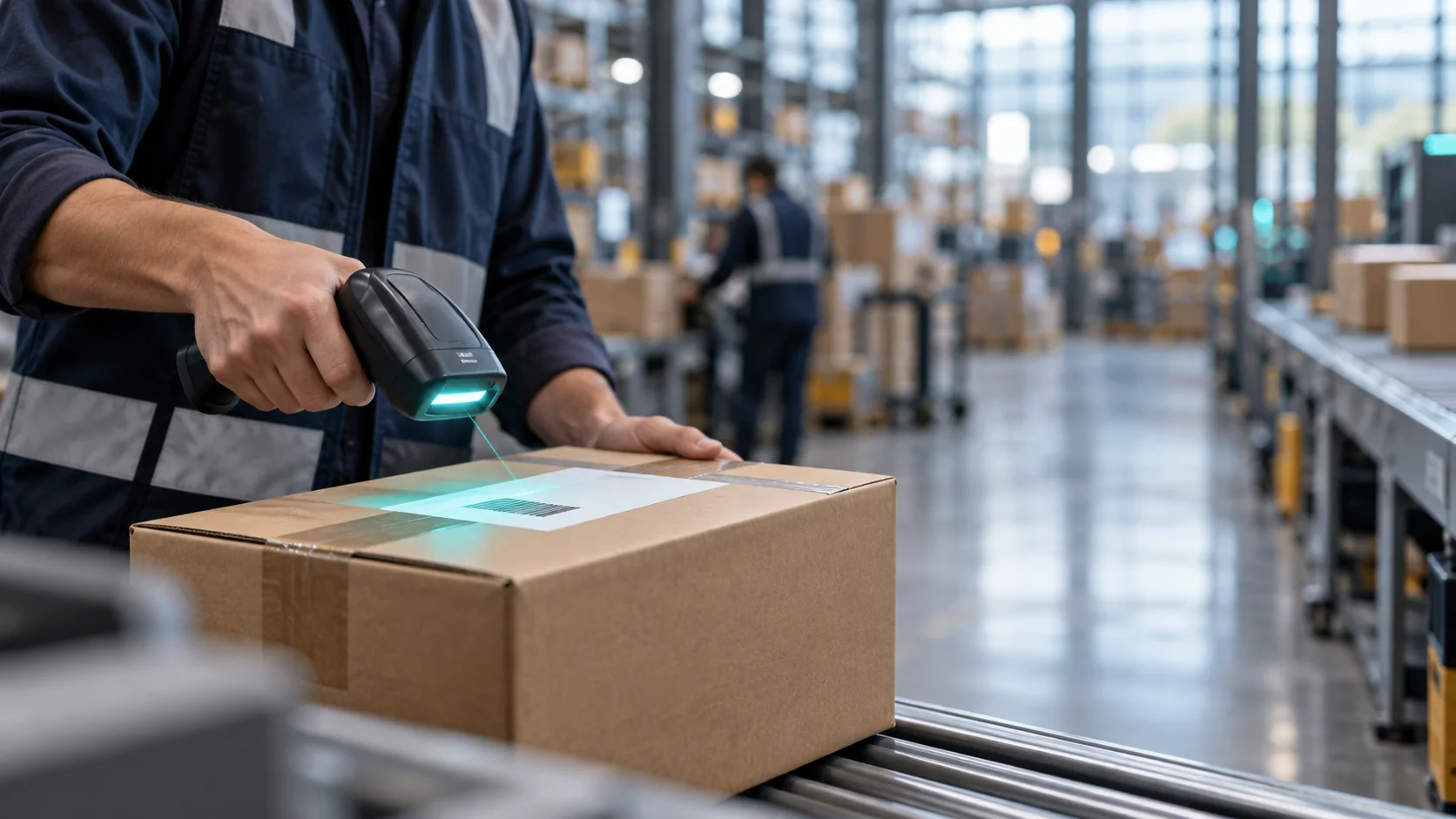 Paket mit Versandlabel wird im Lager vor der Carrier-Übergabe gescannt