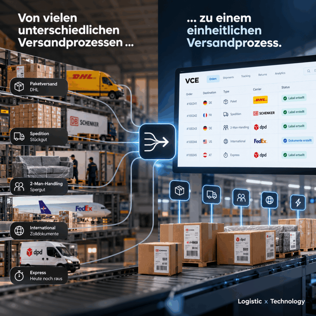 Illustration: Paketversand, Spedition, 2-Mann-Handling, internationaler Versand und Express laufen in einer zentralen VCE-Versandplattform zusammen.