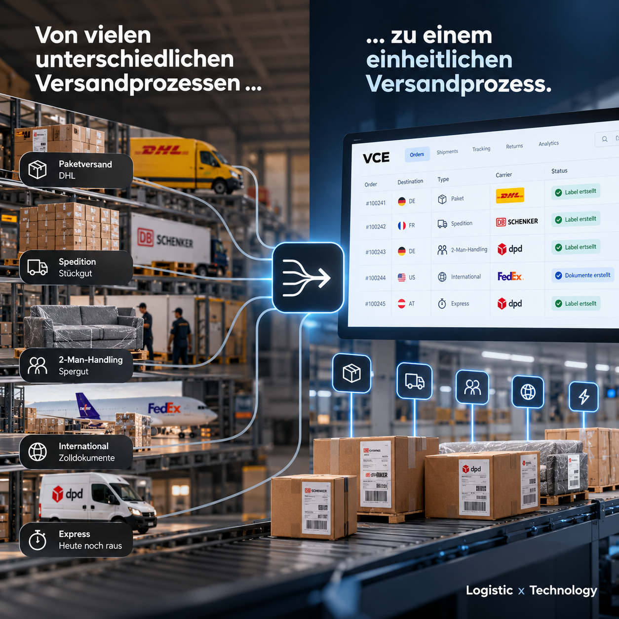 Illustration: Paketversand, Spedition, 2-Mann-Handling, internationaler Versand und Express laufen in einer zentralen VCE-Versandplattform zusammen.